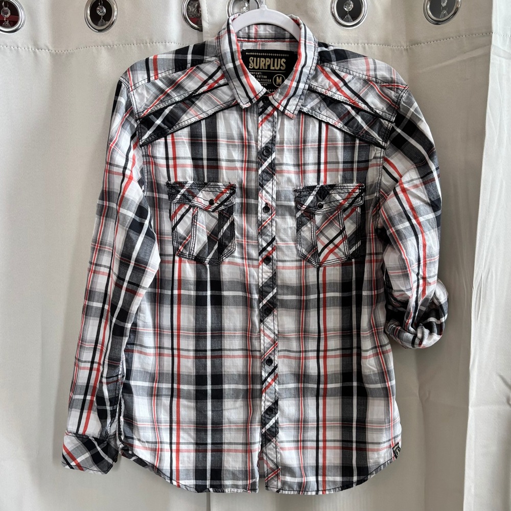 Surplus Western Mens Button Up Shirt Plaid Flap Pockets Long Sleeve Medium 19747